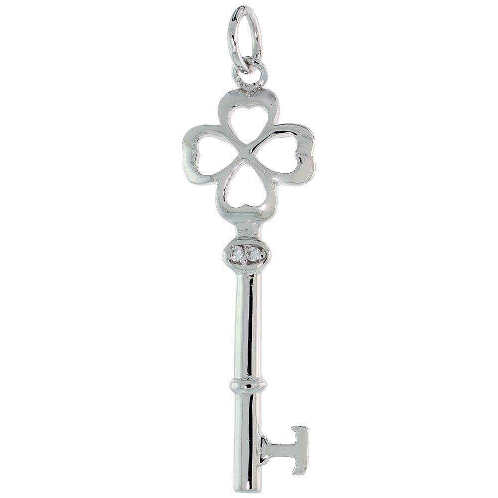 925 Sterling Silver CZ Shamrock Key Charm Pendant 1 11/16 Inch (42mm) Tall