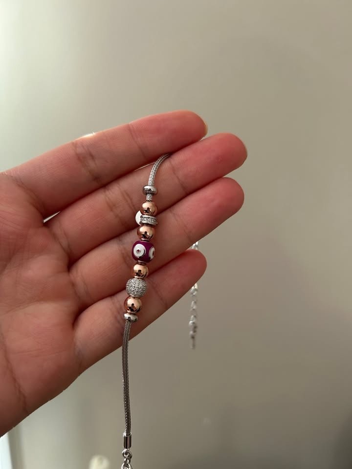 Women’s Charm Bracelet (Silver) with Evil Eye & Pave Beads