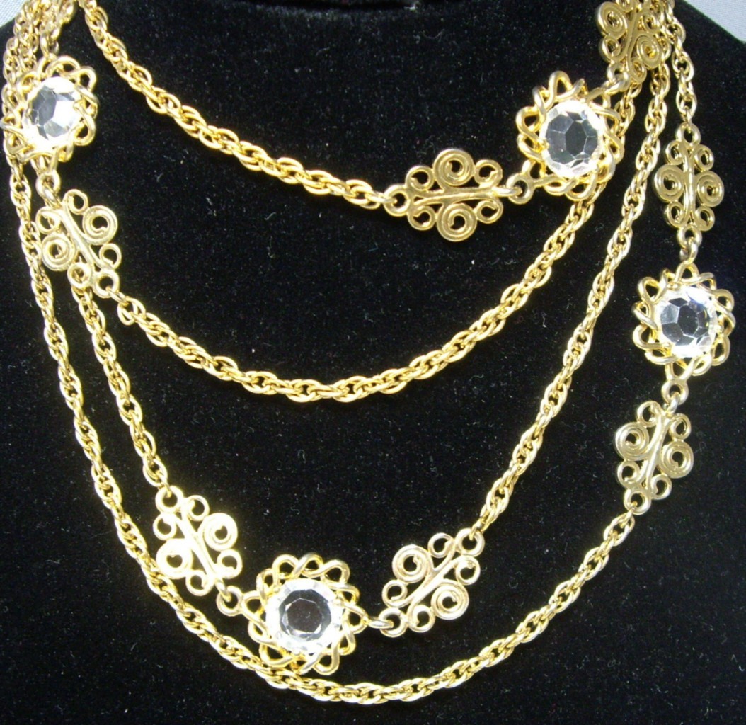 Vintage Goldtone Scroll Fancy Link Open back Prong Set Glass Crystal Necklace 53
