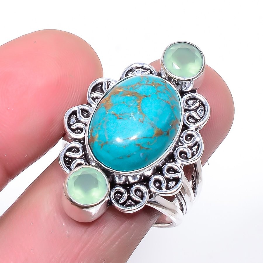 Copper Blue Turquoise & Chalcedony 925 Silver Plated Ring s.9 F533