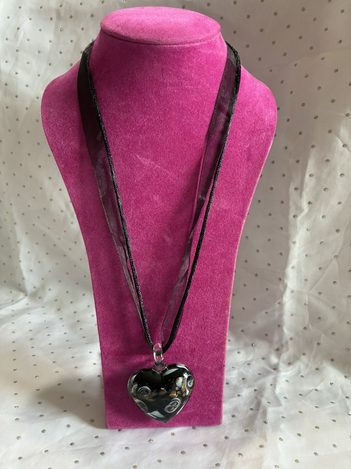Murano Glass Style Heart Black White Gold Black Cord Ribbon Necklace 40cm Length