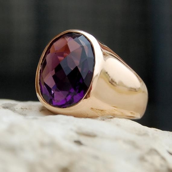 Solid 925 Sterling Silver Natural Purple Amethyst Cut Gemstone Men’s Unisex Ring