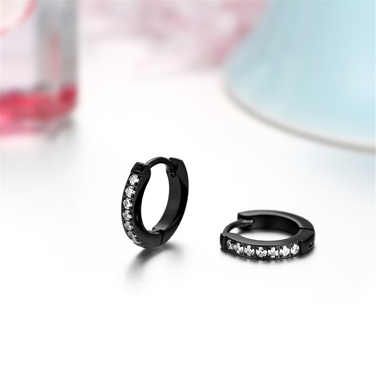 2pcs Men’s Women’s Stainless Steel CZ Inlaid Small Huggie Hinged Hoop Earrings