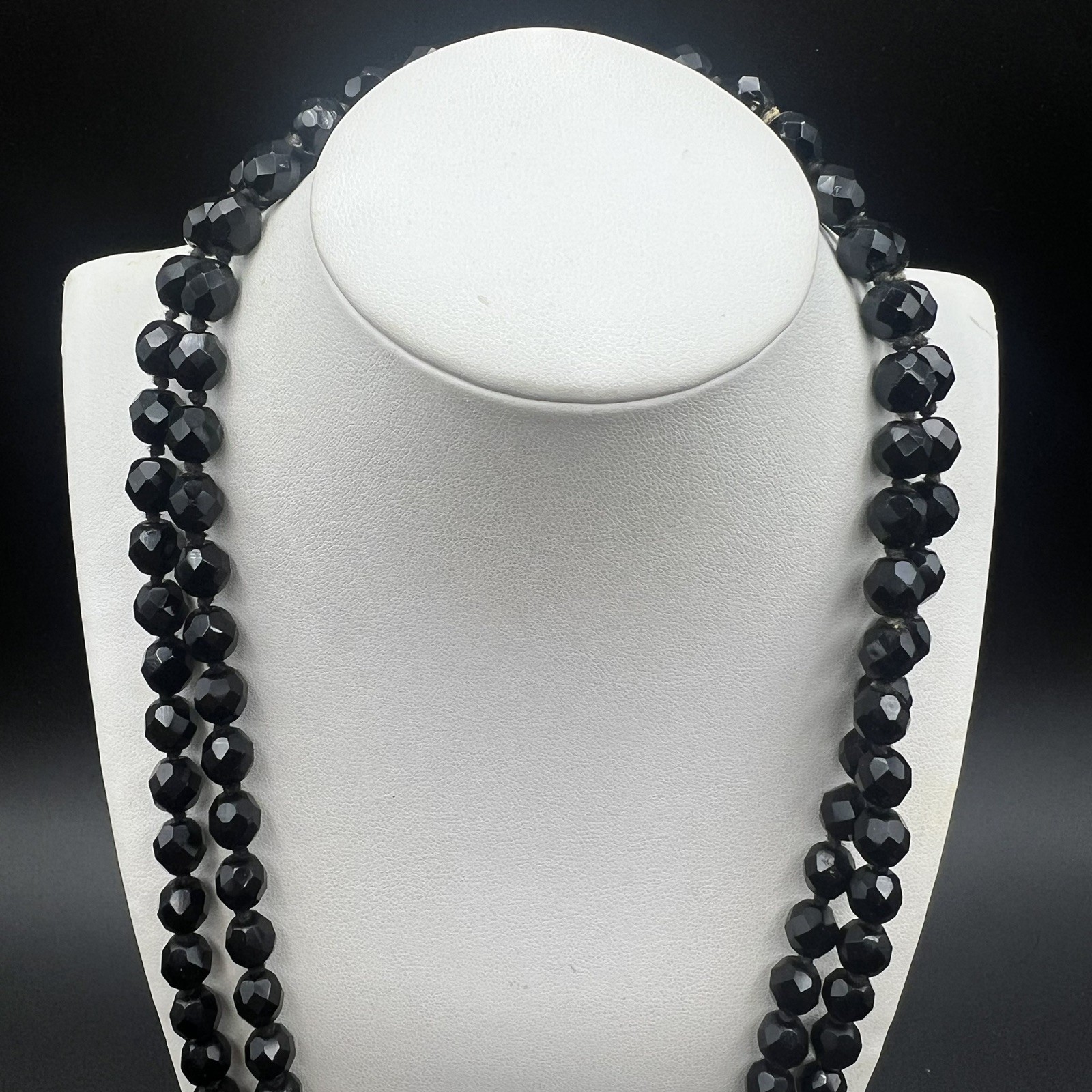 Vintage Faceted Jet Black Glass Double Strand Beaded Necklace Made in Austria