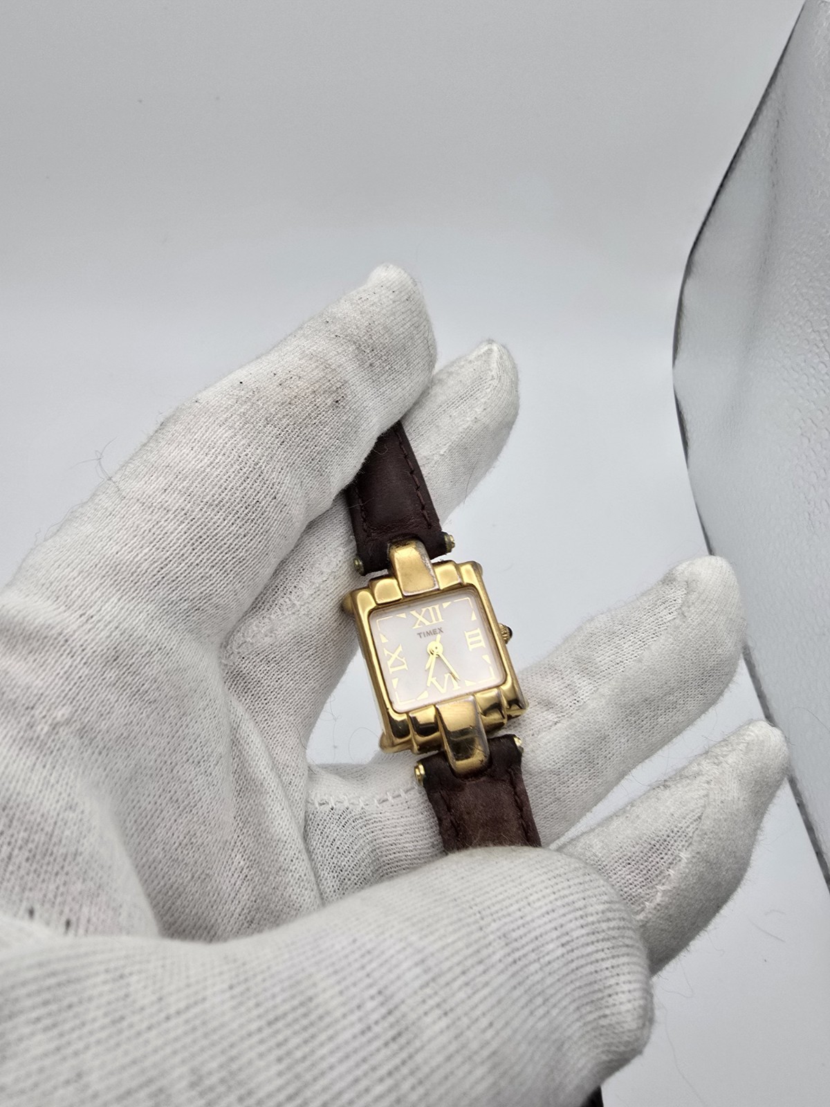 Timex Women’s Quartz Analog Square Gold Tone White Roman Dial Brown Leather