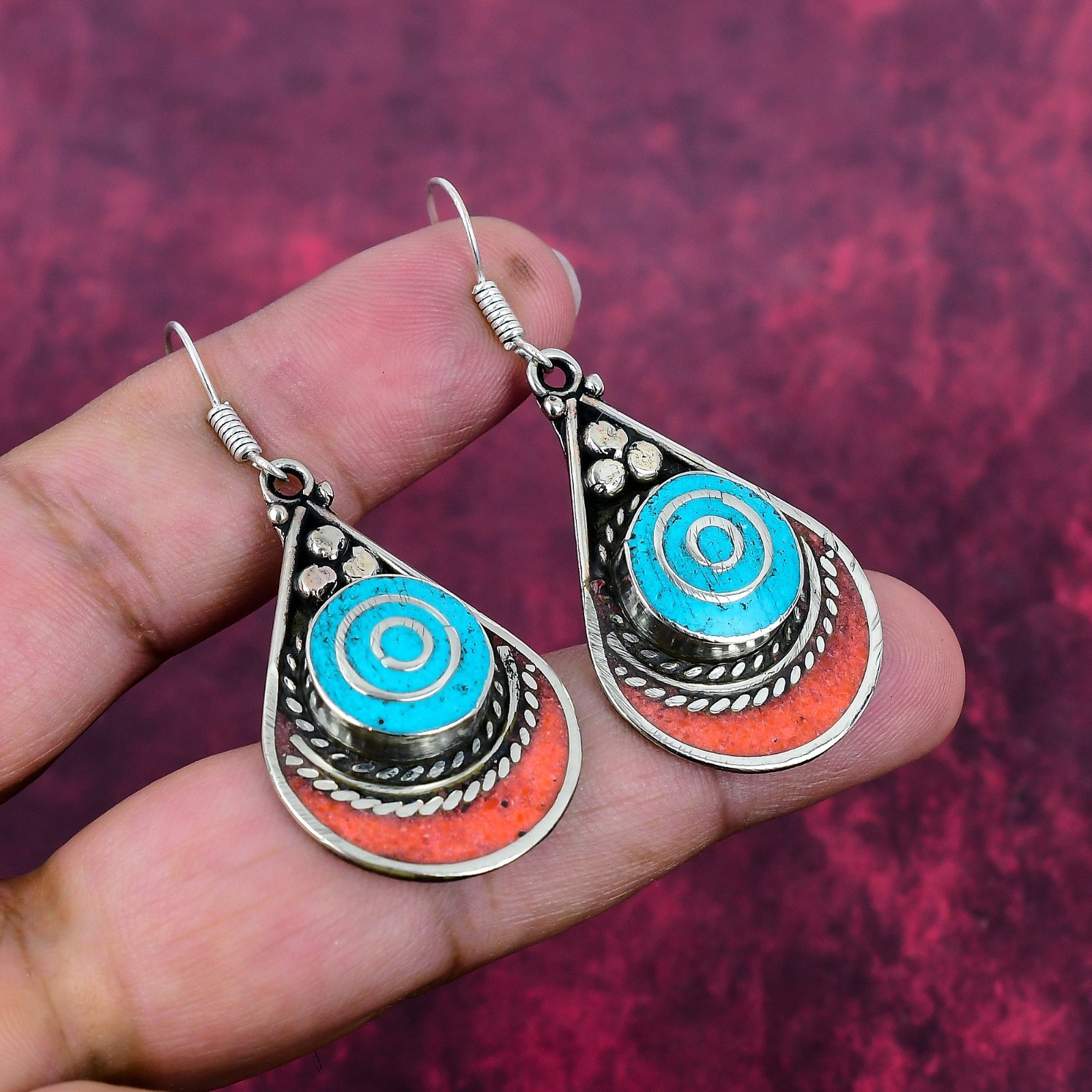 Turquoise & Coral Gemstone Handmade 925 Sterling Silver Jewelry Nepali Earrings