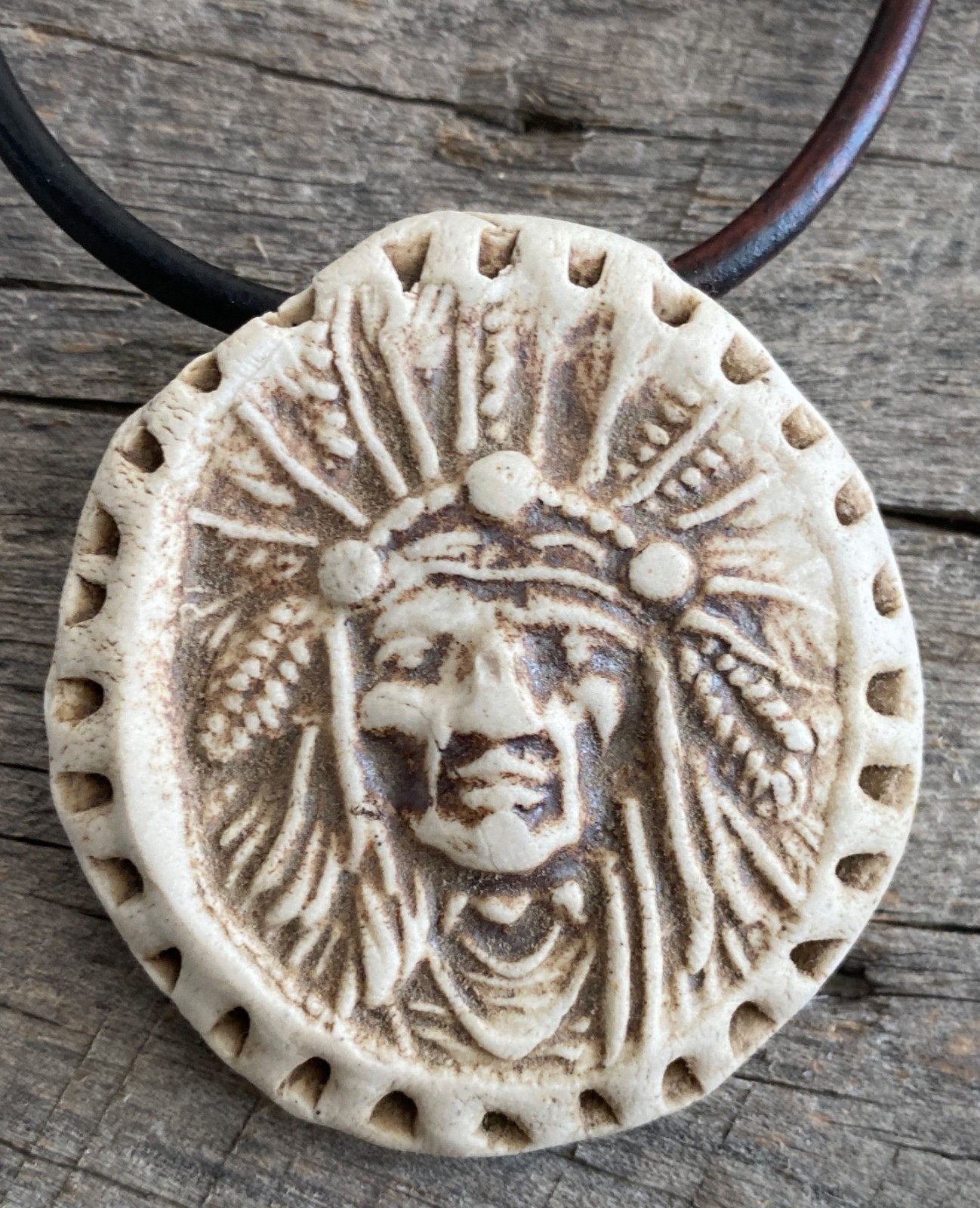 ARTISAN Ceramic Pottery Native American Indian Chief Pendant NECKLACE Warrior 2″