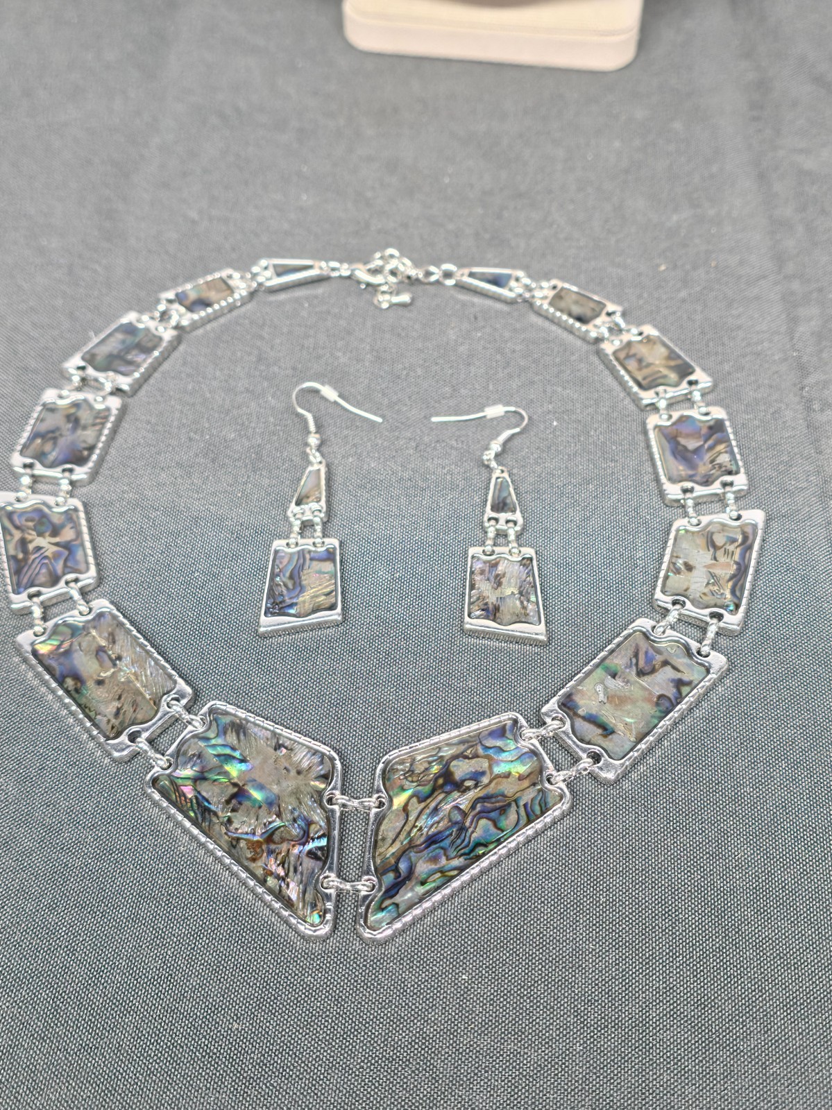 Artisan Abalone Shell Necklace Earring Set Silver Tone Rectangle Mosaic 16-18″