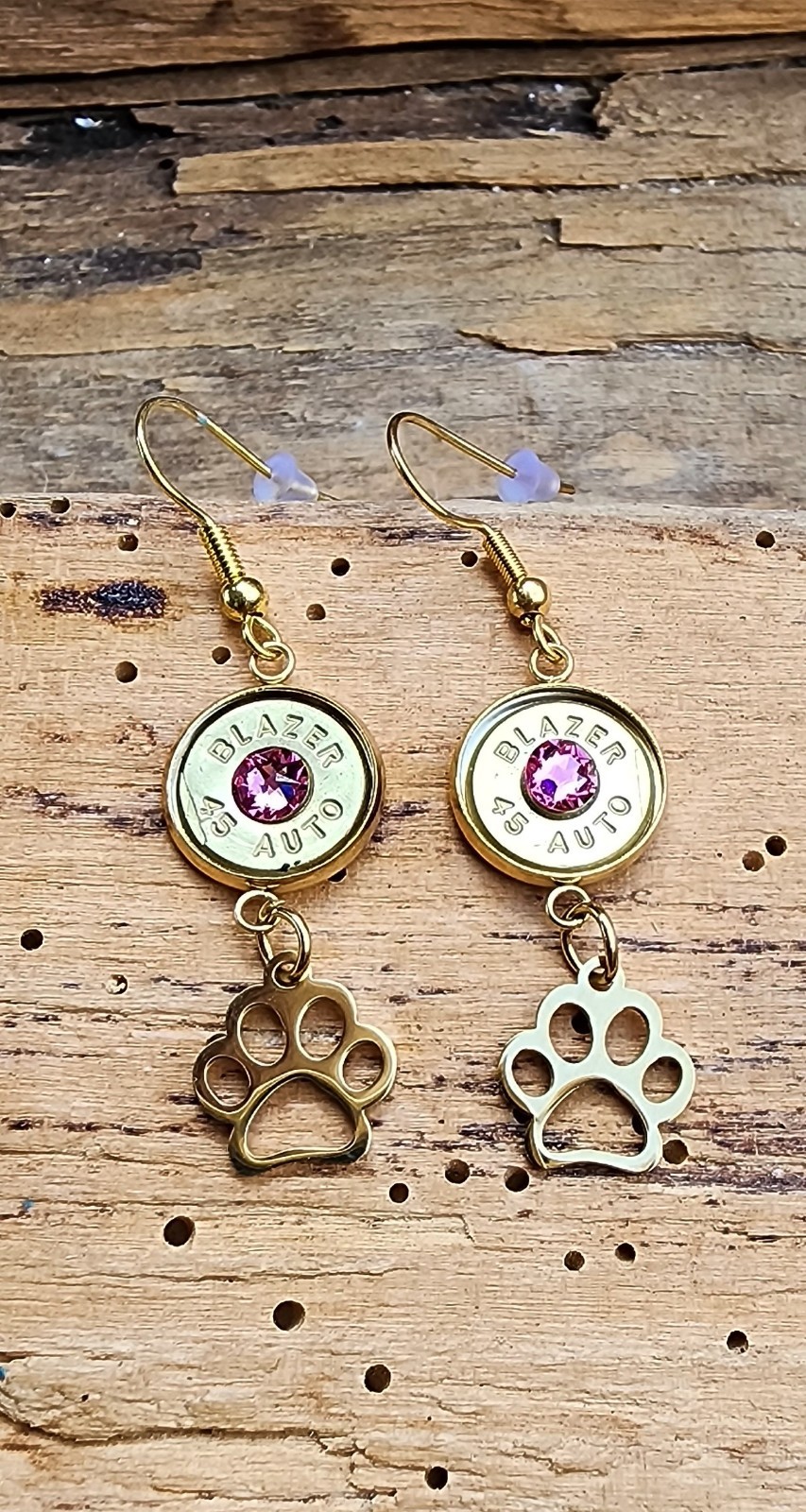 Gold Stainless Steel Dangle Bullet Earrings with Paw Charms. Optional Color