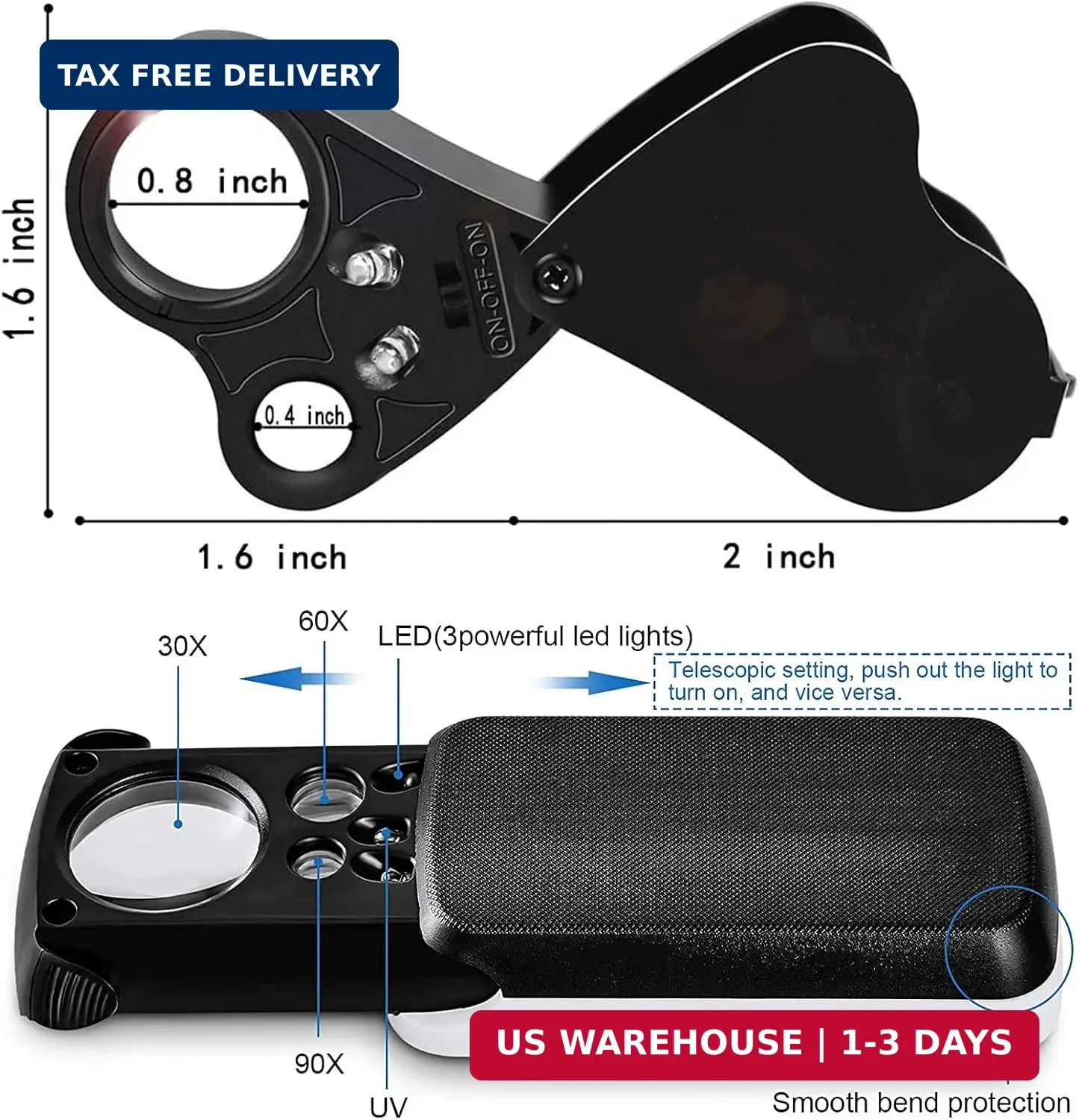 HMKIS Jewelers Loupe, 2 Pack Magnifying Glass with Light, 30X 60X 90X Jewelers L