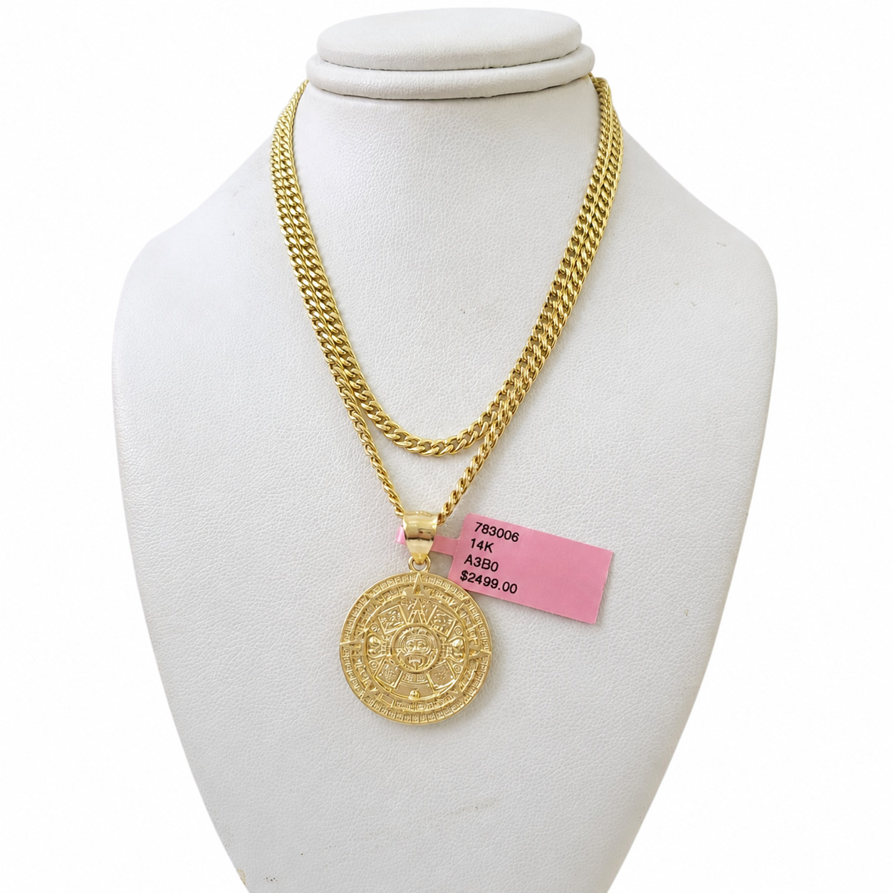14K Gold Miami Cuban Link Chain Mayan Calendar Charm Pendant Set 3mm 18″–28″