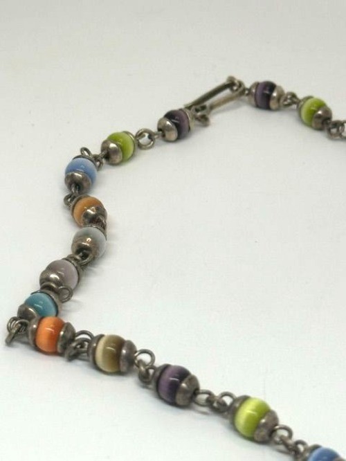 Vintage Marked 925 Silver Mexico Multi Color Beaded Choker Necklace