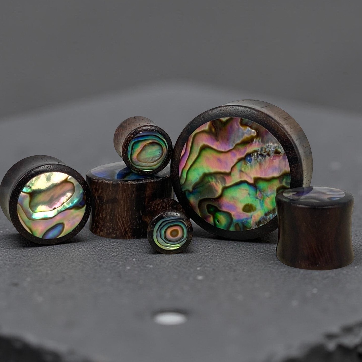 Sono Wood with Abalone Inlay Plugs set gauges PICK SIZE organic