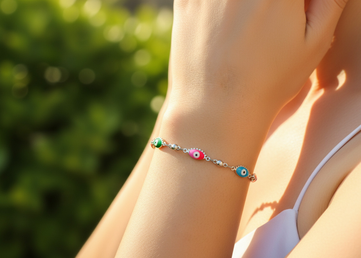 Colorful Evil Eye Charm Bracelet Silver Plated Boho Chain Bracelet for Women