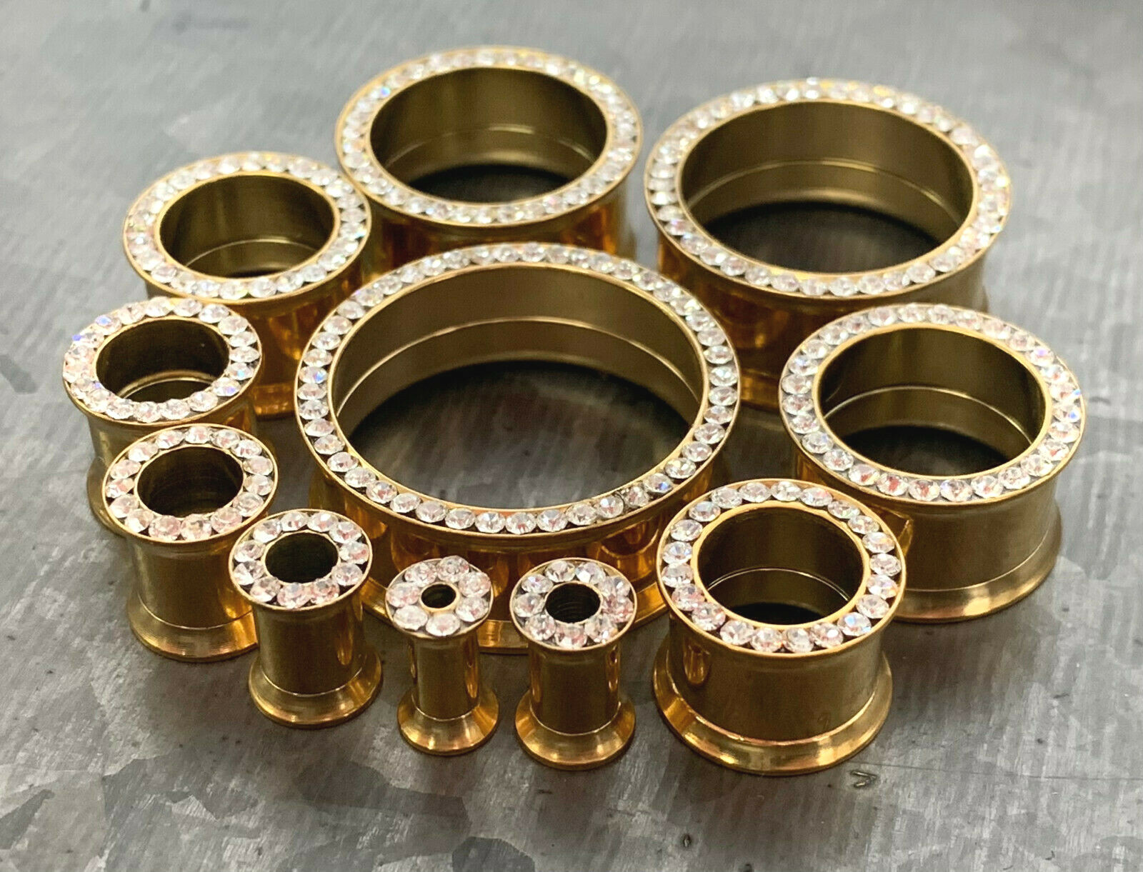 PAIR Gem Rim Gold Double Flare Tunnels Internally Threaded Plugs Earlets Gauges