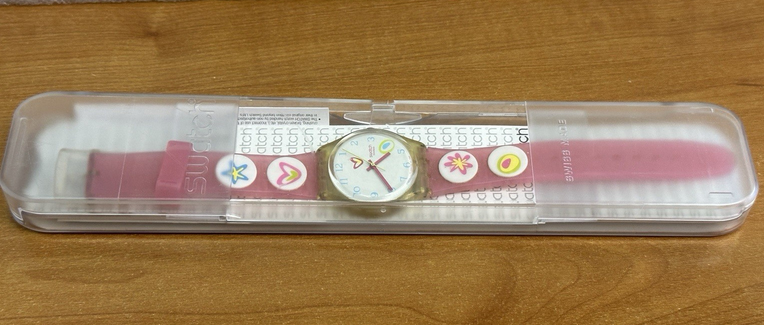 Swatch Pink Candy Watch GE177 White Face Vintage Swiss Original Box Paperwork