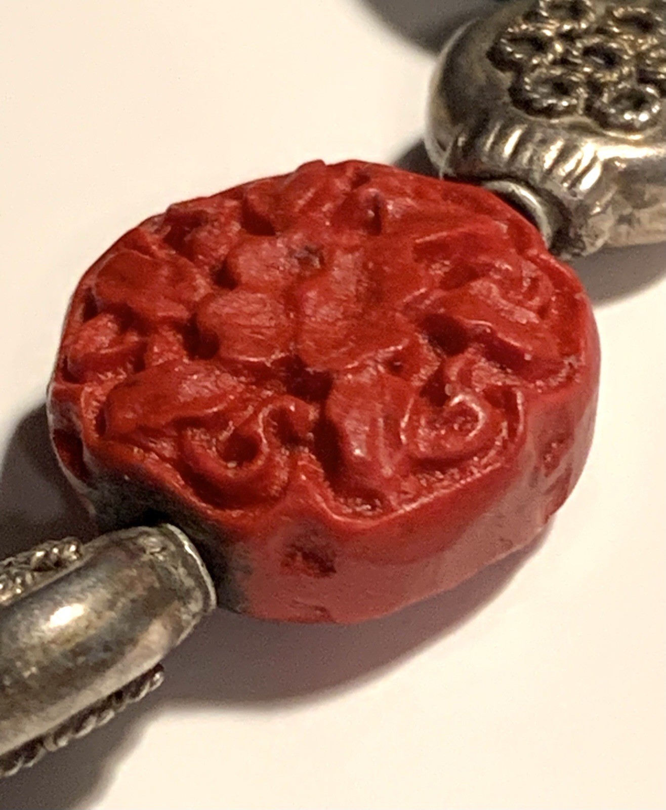 Turquoise & Carved Coral or Red Colored Bead Bracelet