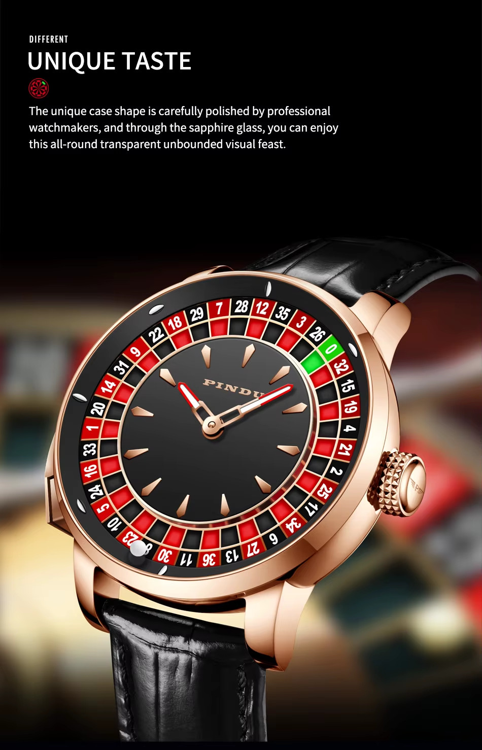 PINDU Luxury 46mm Men’s Automatic Watch 5ATM Casino Tourbillon Rotating Roulette