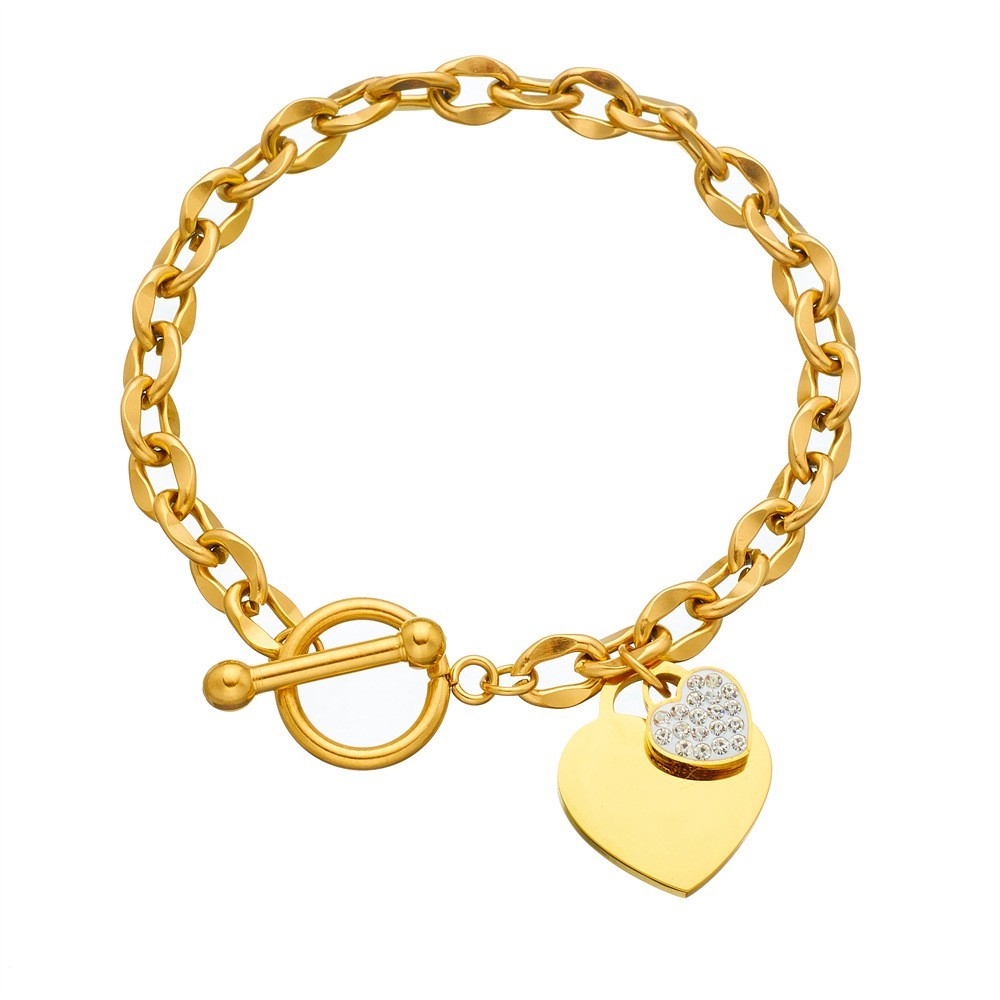 Women’s Heart Inlay Rhinestone Pendant Bracelet OT Buckle Titanium Steel Bracele