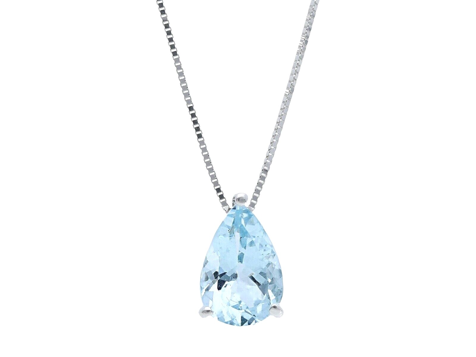 18K WHITE GOLD NECKLACE 1.10ct AQUAMARINE DROP CUT 9mm PENDANT & VENETIAN CHAIN