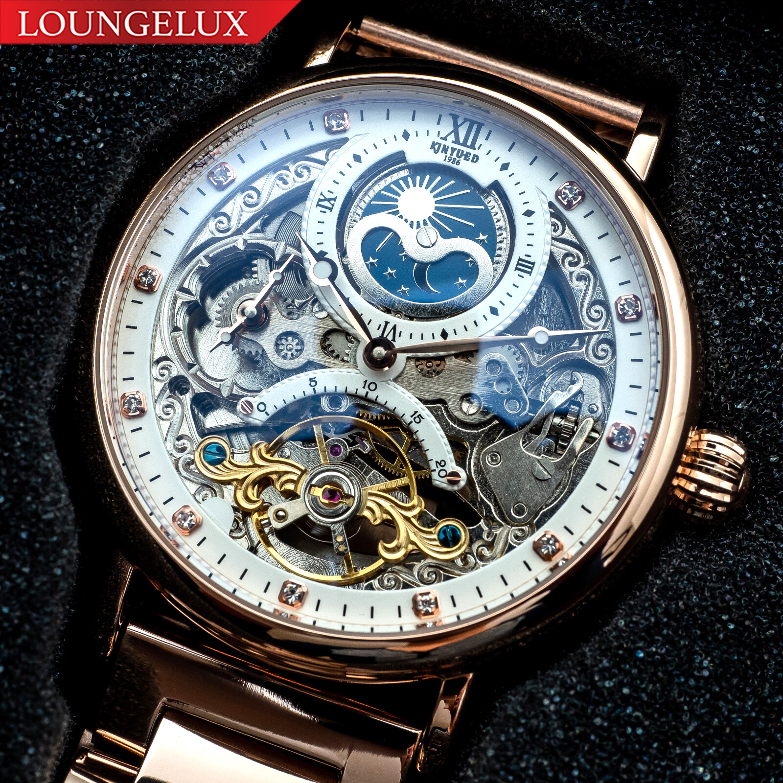 Mens Dual Time Flywheel Automatic Mechanical Watch Rose Gold Stainless Steel