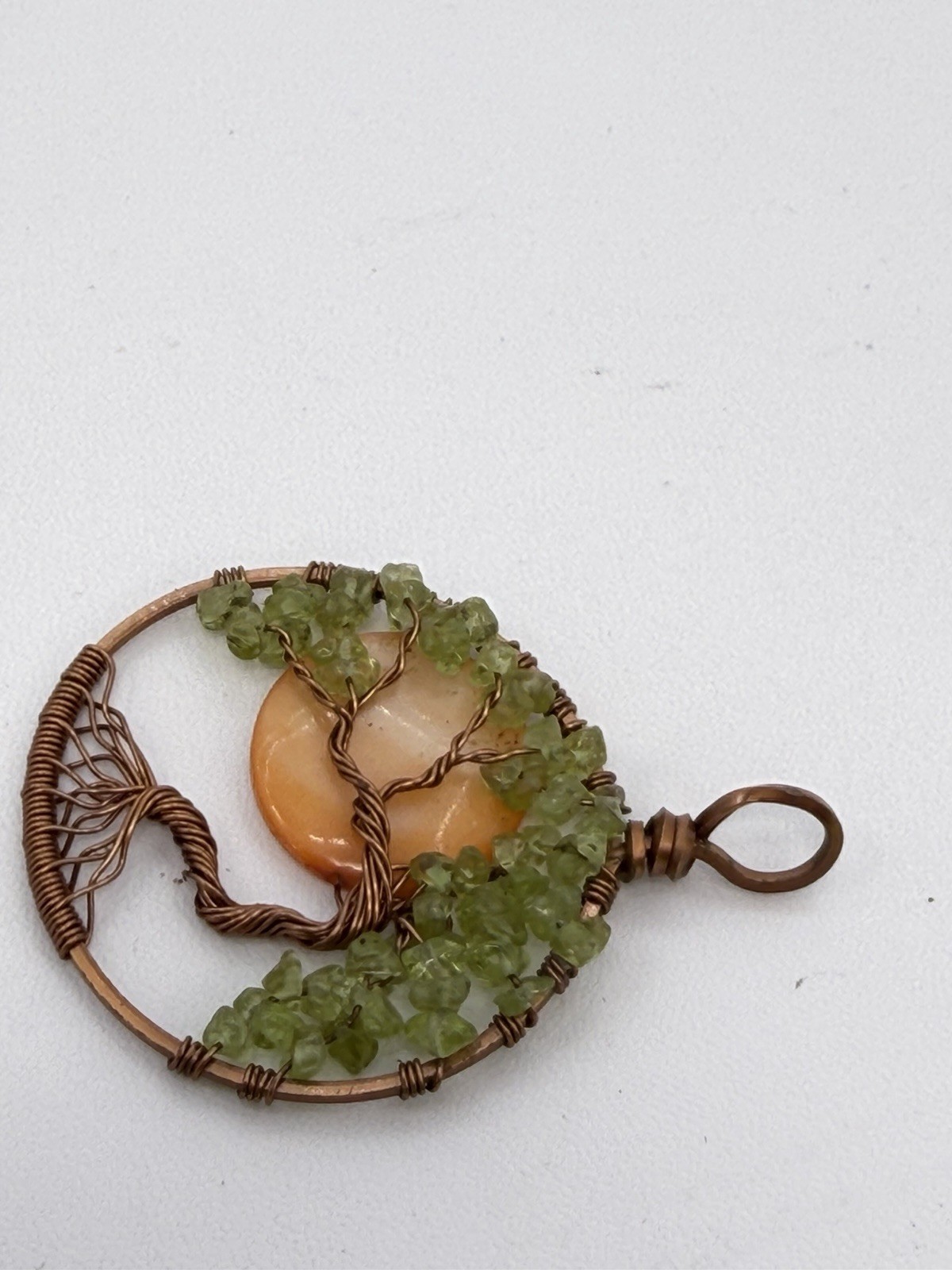 August Peridot Green Crystals Carnelian Bonsai Tree Of Life Copper Pendant