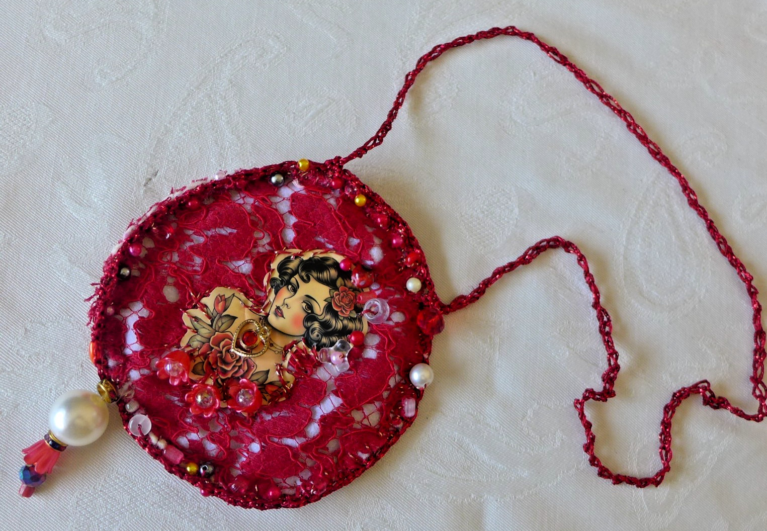 Handmade Crocheted art Necklace Cotton Fabrics embroidered crocheted+ Beads