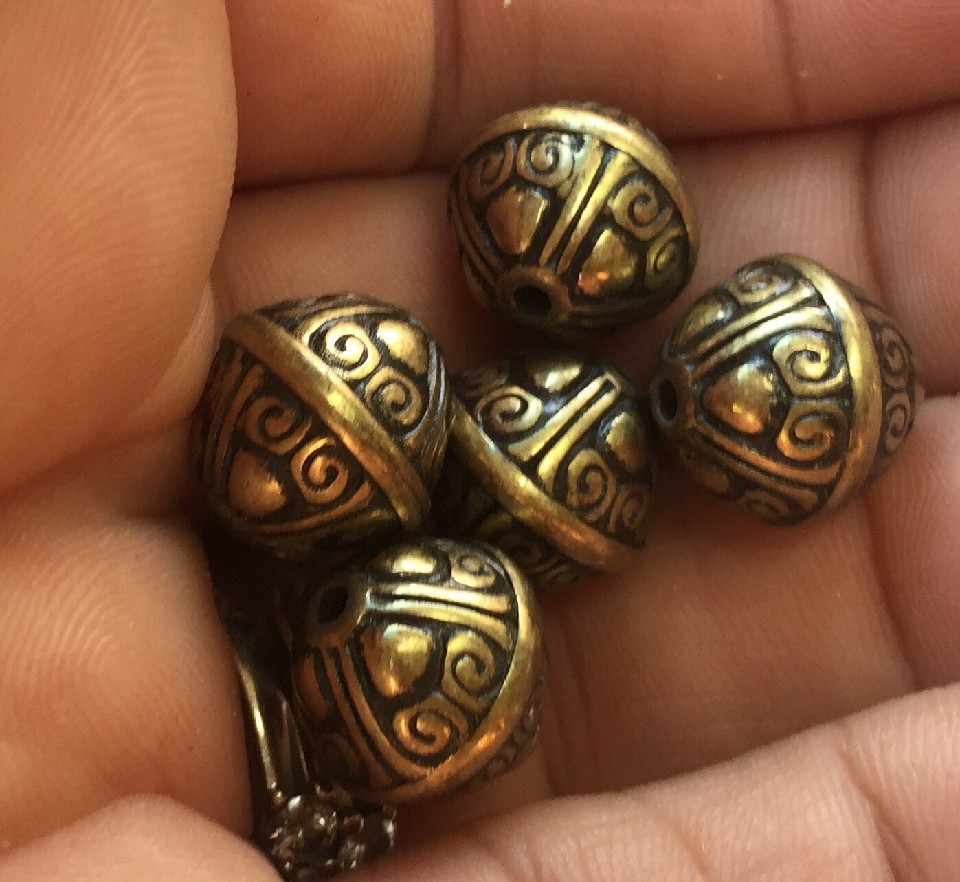 Vintage Aged Brass Color Etruscan Fancy Drum Bicone Metallic Lucite Bead Lot