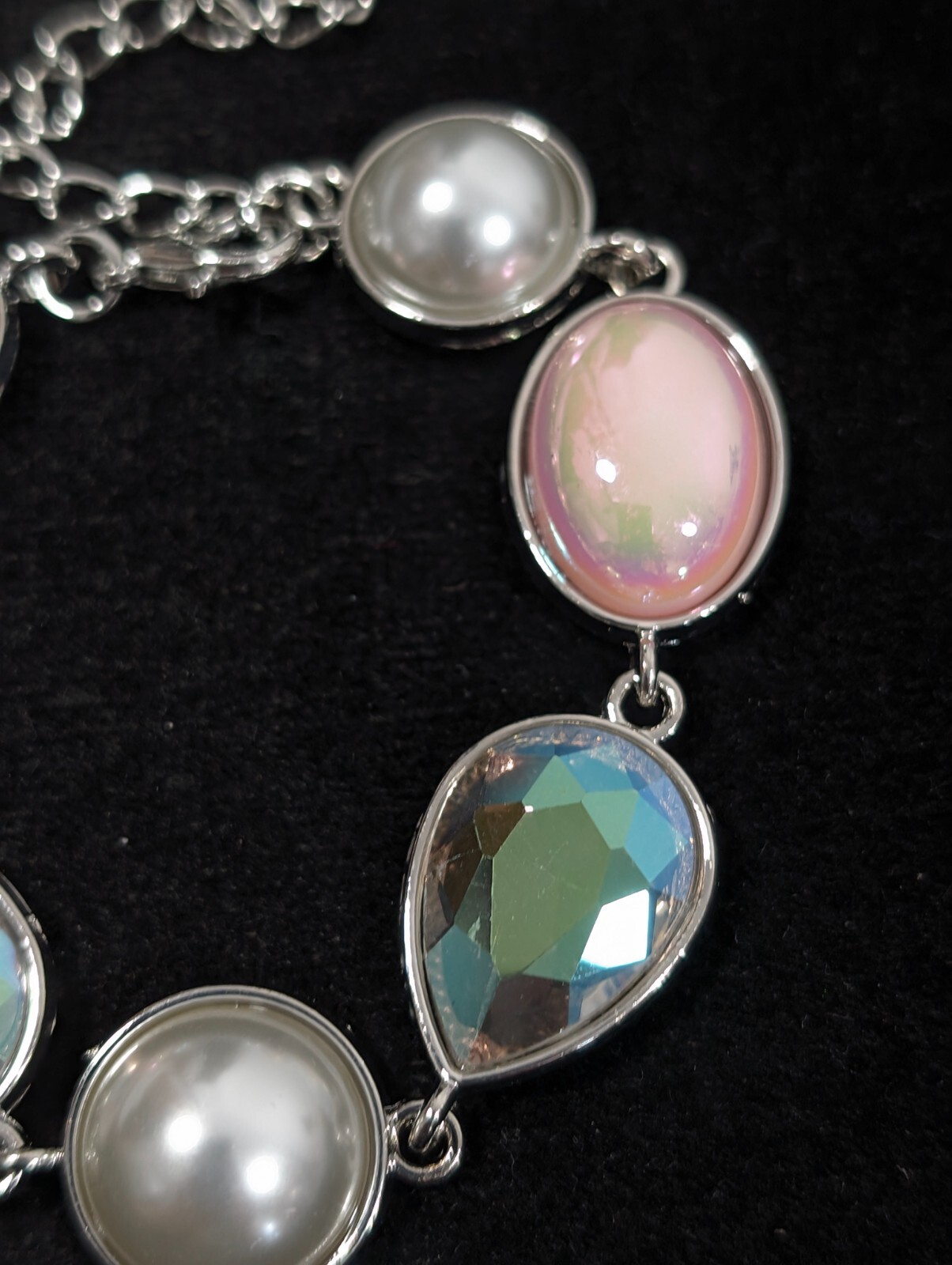 Silver Tone Pink Iridescent AB Crystal Faux Pearl Bezel Tennis Bracelet 9 in