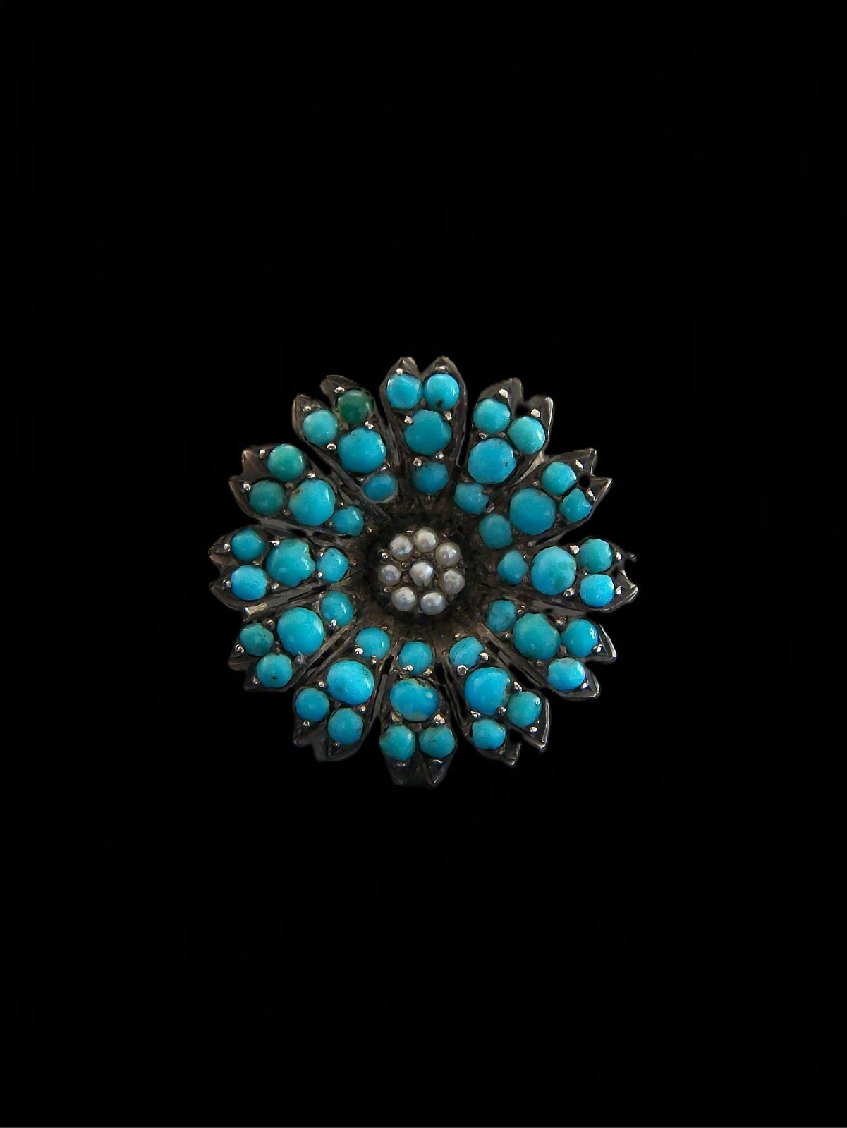 Victorian Pavé Set Turquoise & Seed Pearl Flower Brooch – Germany – Circa 1850