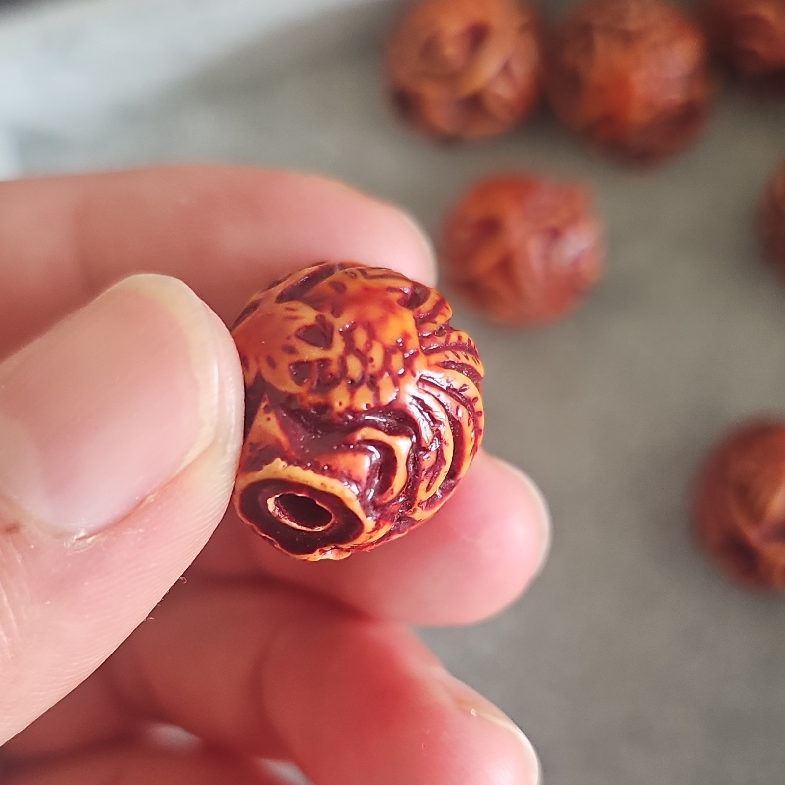 Carved Resin Dragon /Phoenix Round Beads 20mm Orange/Brown Large Hole Lot of 9