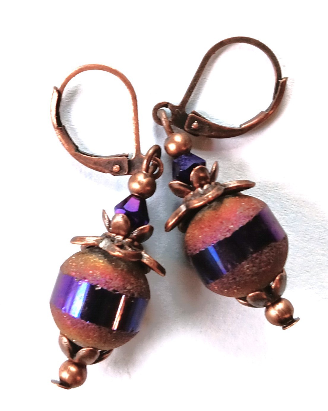 PURPLE frosted CRYSTAL earring COPPER LEVERBACK handcrafted #XSP-b
