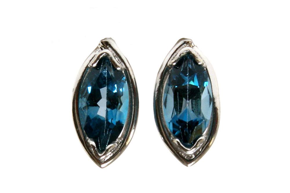 9ct White Gold London Blue Topaz Studs marquise earrings Gift Boxed Made in UK