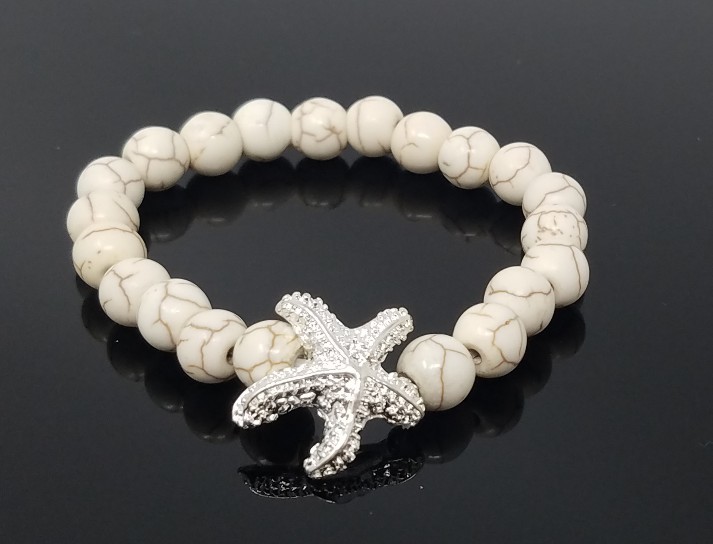 Starfish Bracelet Sea Star Bracelet White Beige Beads Stretch Bracelet Beaded