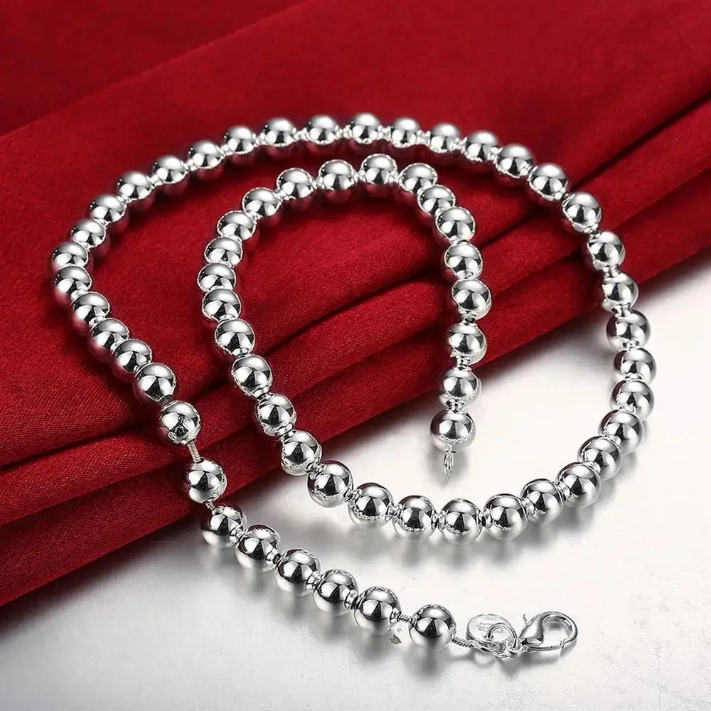 925 Sterling Silver 8MM Smooth Hollow Beaded Ball Bracelet Necklace Jewelry Set