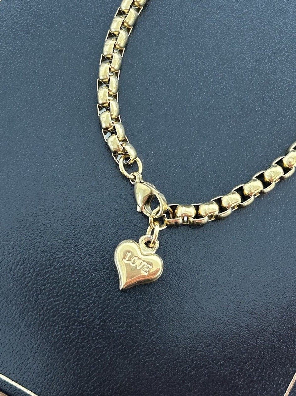 9ct GF Solid 20cm Heavy T-L Love Heart Belcher Bracelet Gold Filled