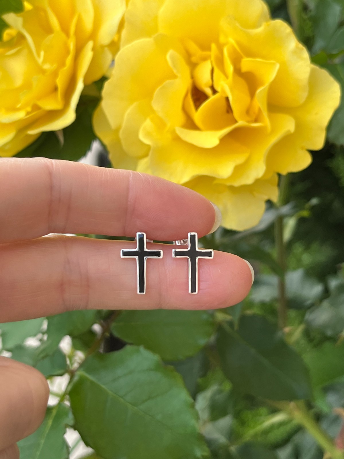 925 Sterling Silver Black Agate Long Cross Stud Earrings Men Women 14.5mm/0.57″