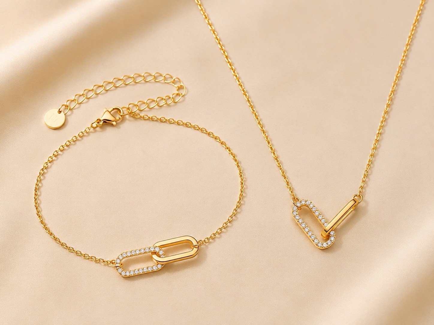 Luxury Gold Pavé Interlocking Link Necklace & Bracelet Jewelry Set for Women