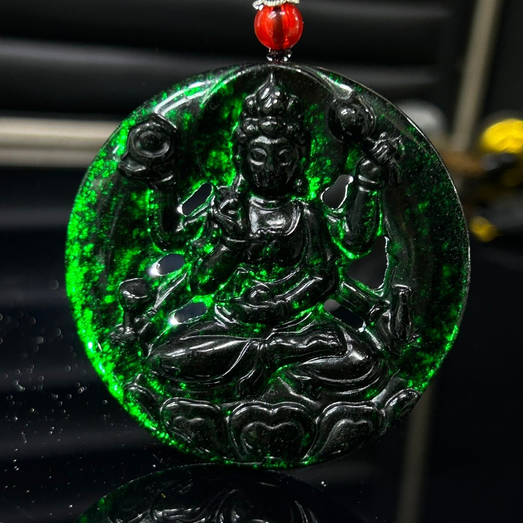 Certified Natural atrovirens jade Jadeite Carved Guanyin Pendant&Necklaces 千手观音