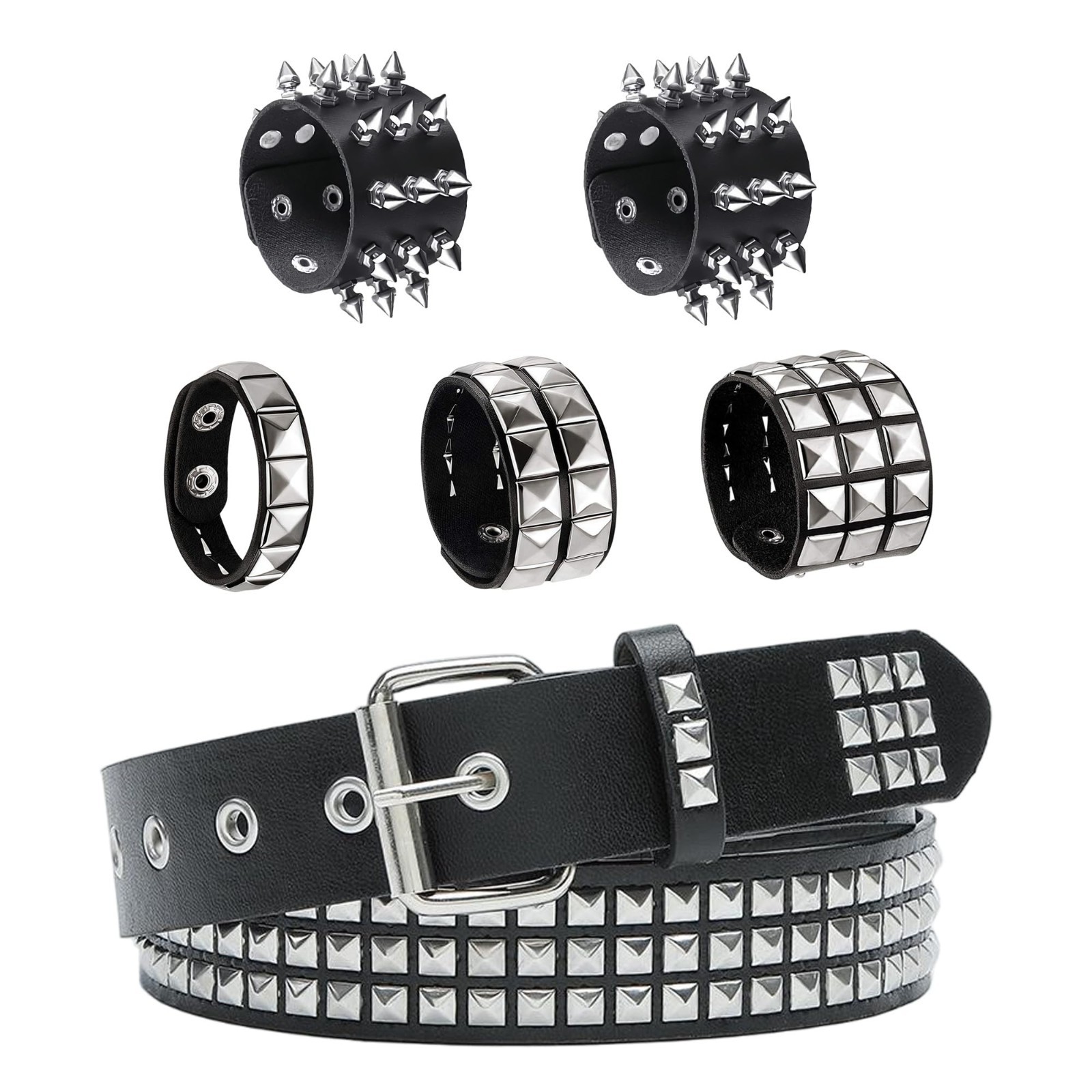 Black Studded Belt & Punk Bracelets Set – Emo Spiked Cuffs, Goth Accessories for