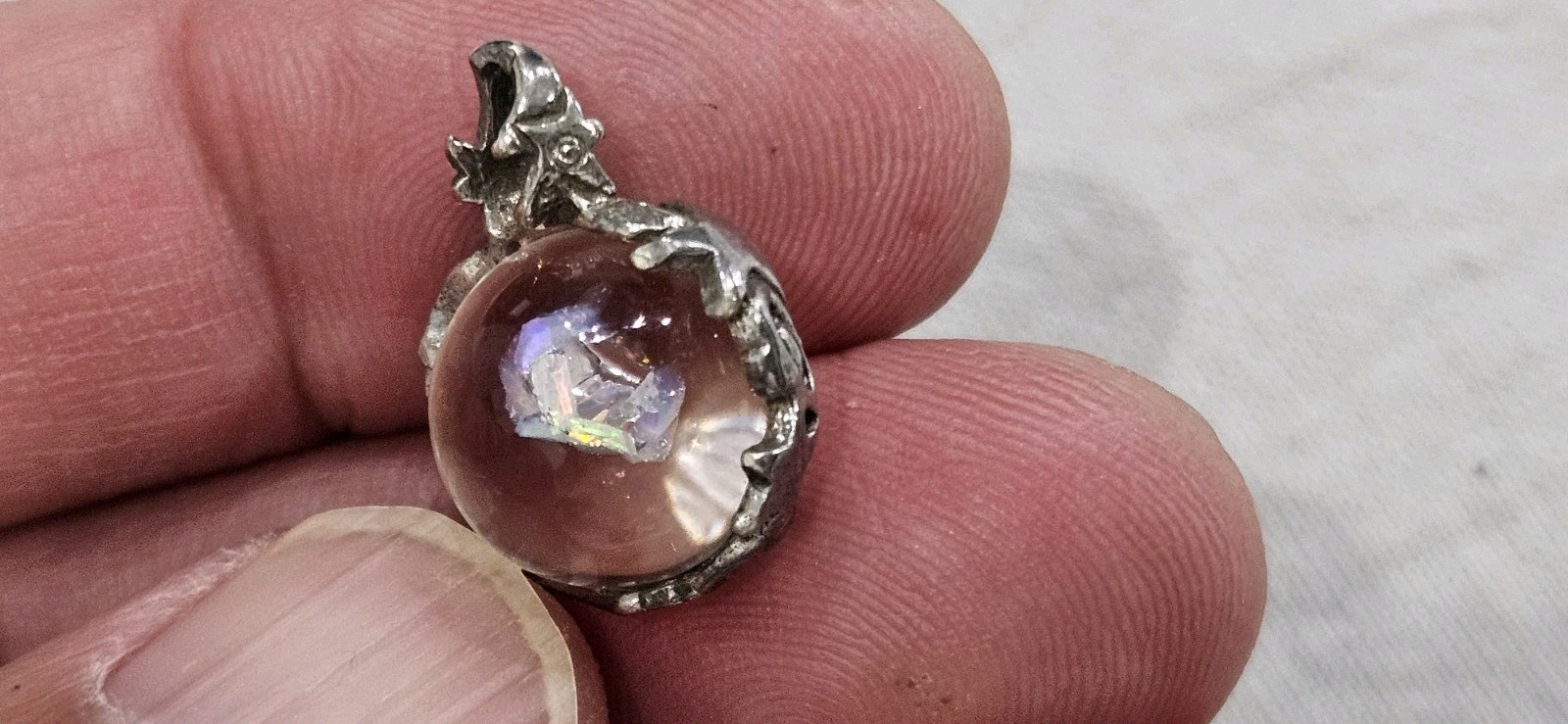 Antique Vintage Crystal Orb W/ Minerals Moon Star & More Sterling Bead Pendant