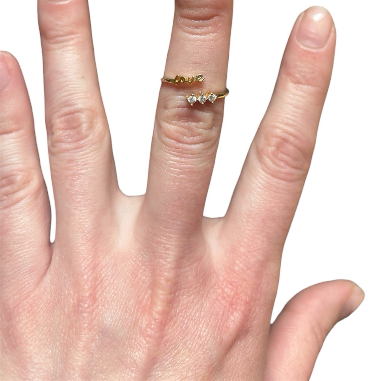 Gold Tone LOVE Open Band Ring Size 7 with 3 Clear Round CZ Stones