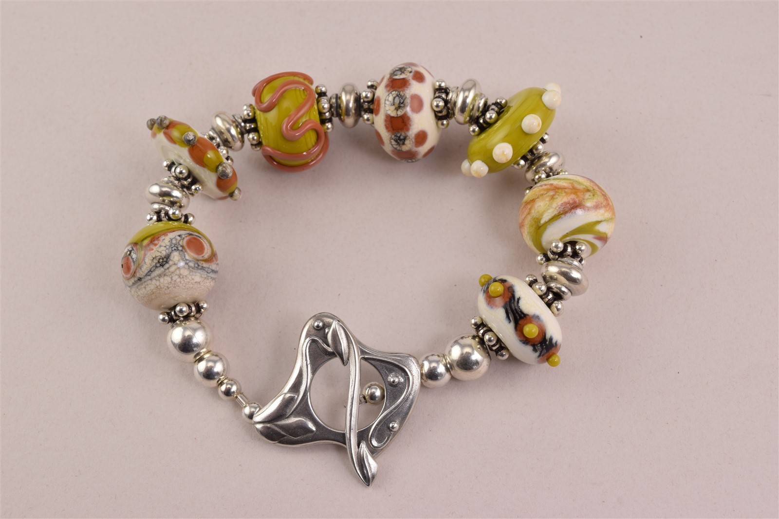 Chunky Sterling Silver Ornate Ceramic Bead Statement 925 Toggle Bracelet 50g 8″