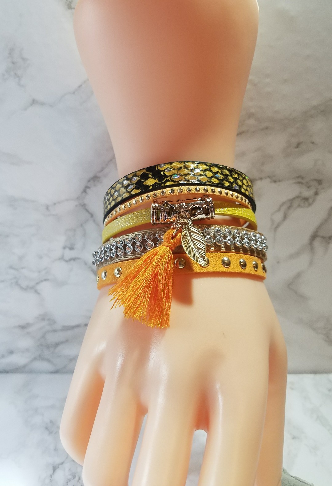 Wellmore Orange Snake Print Leaf Charm Tassel Leather Bracelet 19cm/7.5 inches