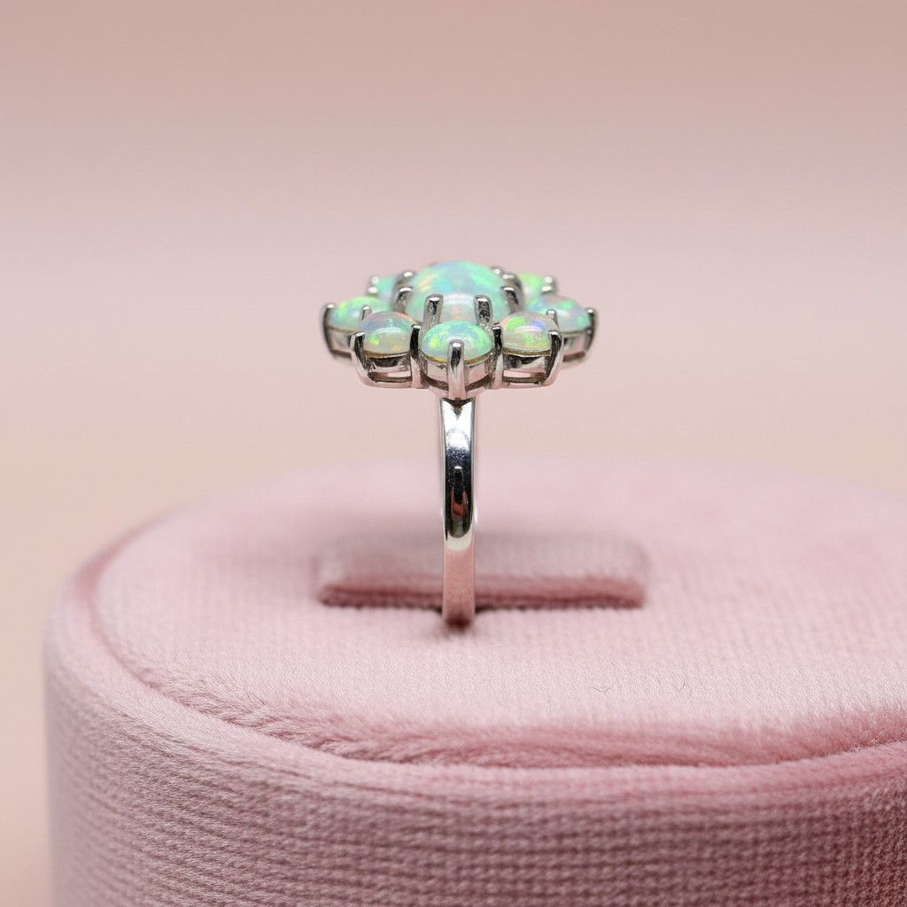 Ethiopian Opal Cluster Flower Ring 925 Sterling Silver Handmade Jewelry