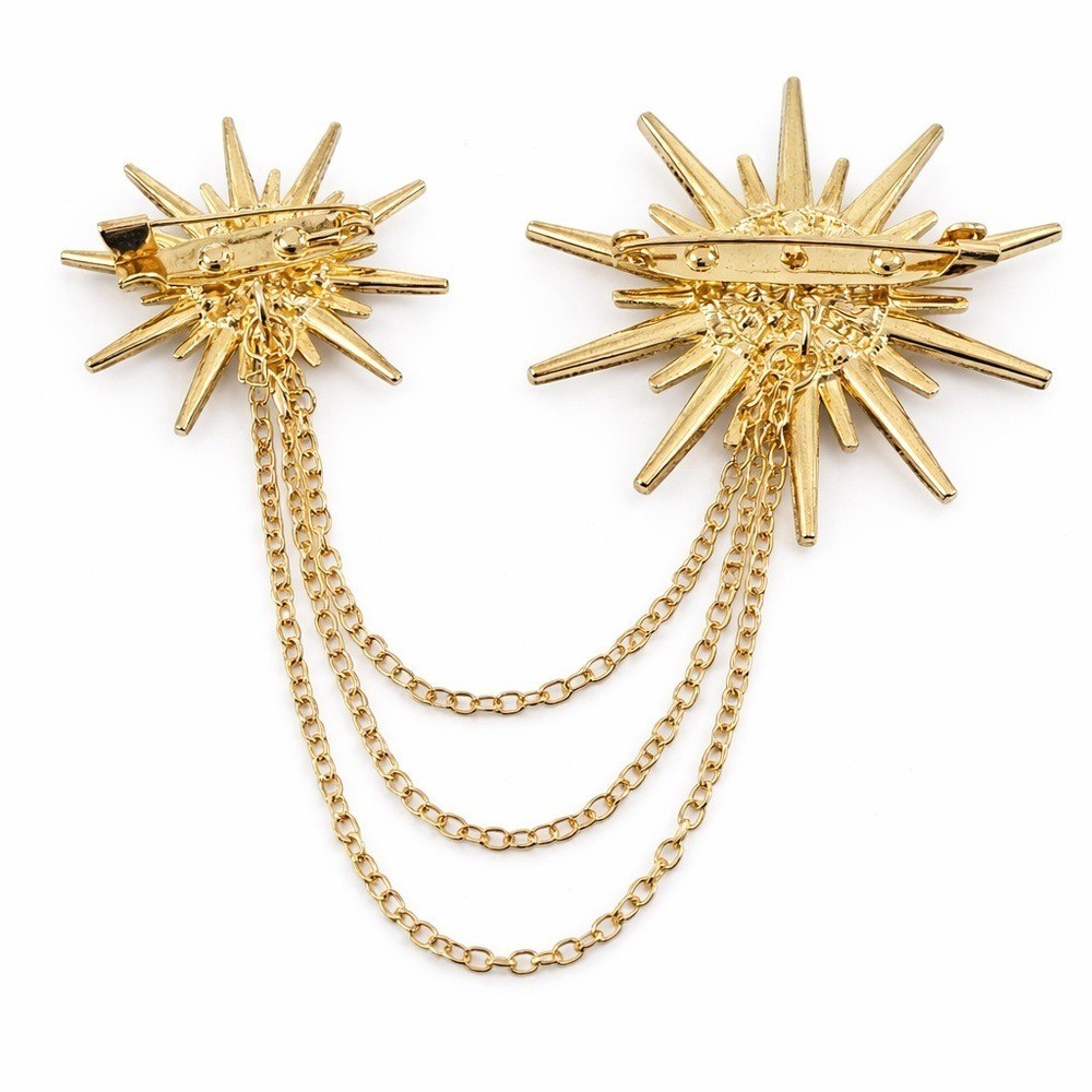 Gold Starburst Double Brooch Pin Set w/ Chain Draped Rhinestone Celestial
