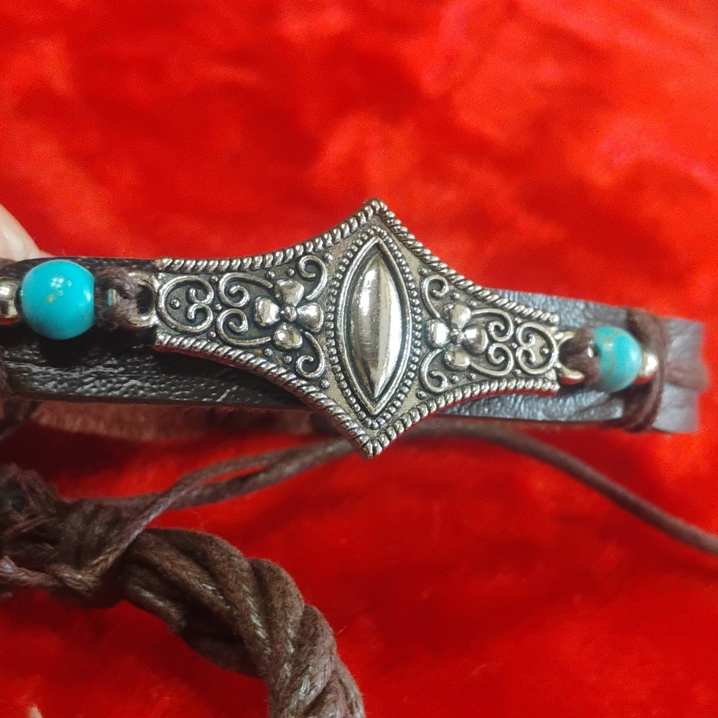 Brown Leather Cord Bracelet Set with Turquoise Beads, Charms, Adjustable