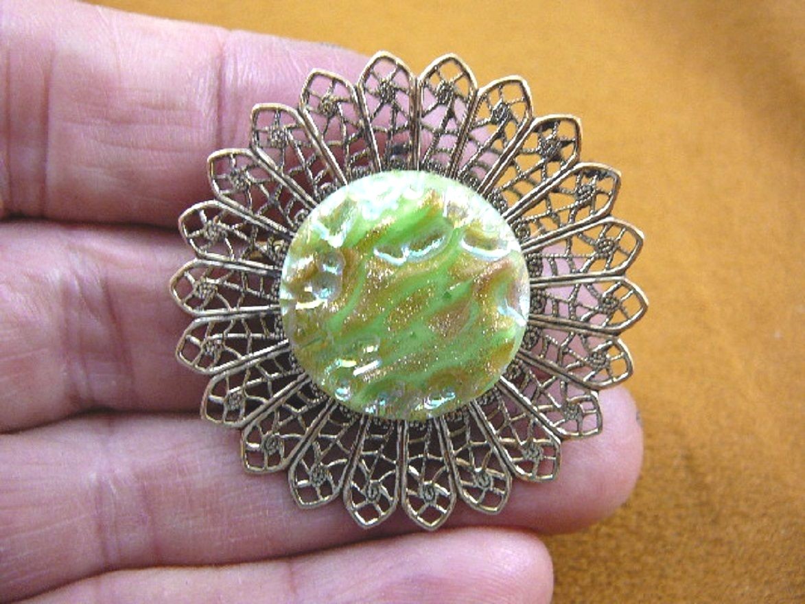(Z18-7) lime green gold textured design Czech glass button filigree pin brooch