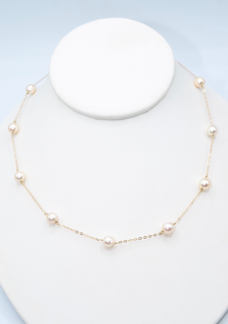 Vintage 14k Gold & White Pearl Necklace – 10 Pearls ~6.9mm – 16.25″ – 5.5g