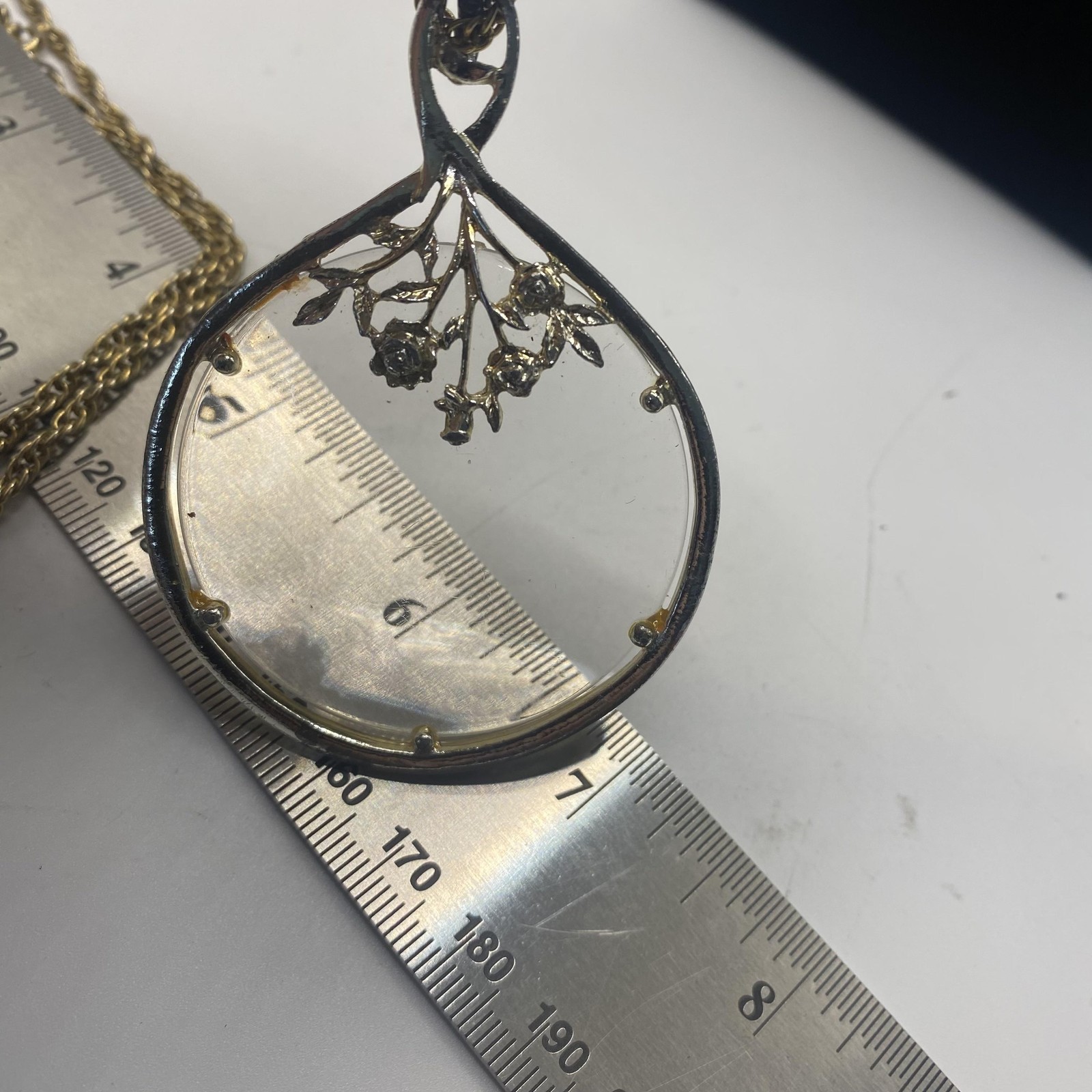 Gold Tone Chain Necklace Clear Glass Teardrop Flower Pendant 32 In Jewelry